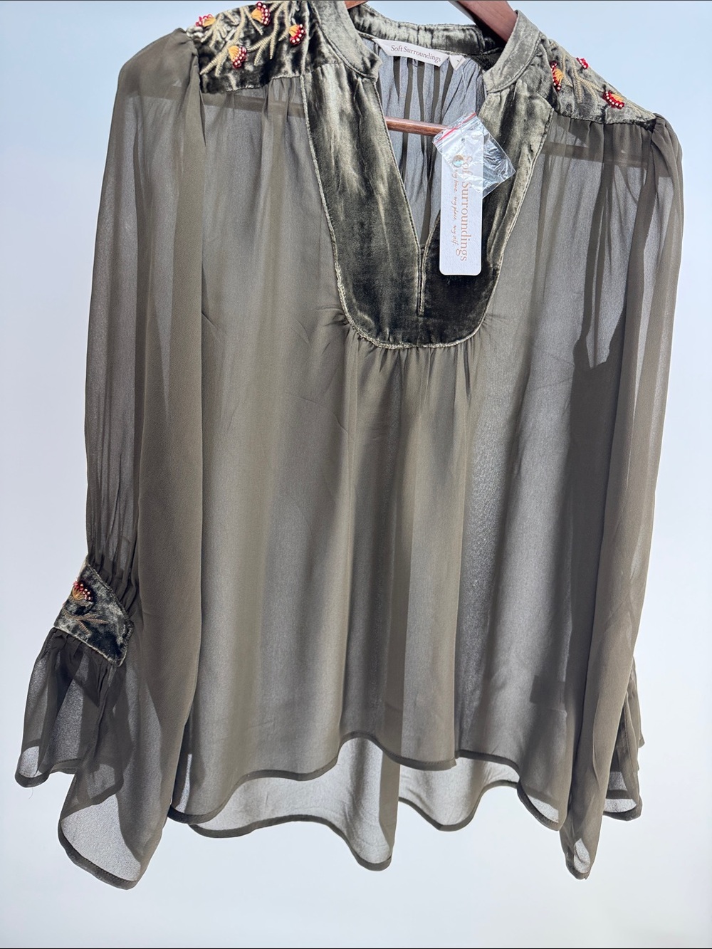 Soft Surroundings Olive Sheer Blouse with Velvet Yoke & Embroidered Accents